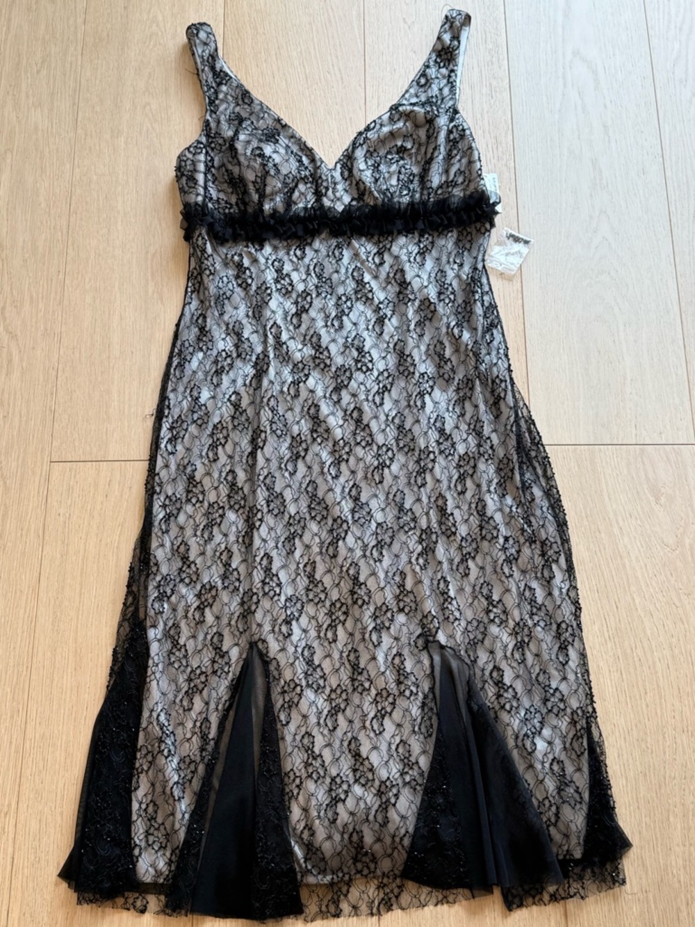 Beaded Lace Midi Dress US 14 Nude Black Romantic Godet Hem Luxe
